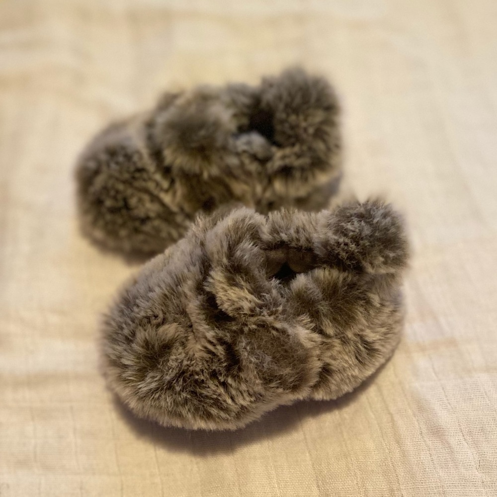 Grey furry fluffy baby shoes